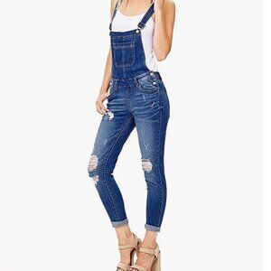 Wax Jean ankle length skinny leg stretch distressed denim overalls. Size S